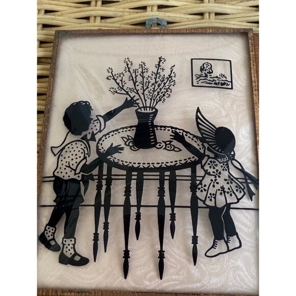 Vintage 40's Pair Silhouette Convex Glass Pictures Reverse Painted 5x4" - Picture 2 of 10